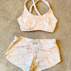 Athleta Kata South Beach Pink Quartz Swirl Shorts & Underwire Sports Bra 34D DD